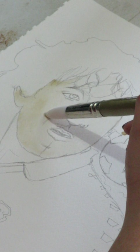 Primeras aguadas de café sobre el dibujo a lápiz por Violeta Michelle