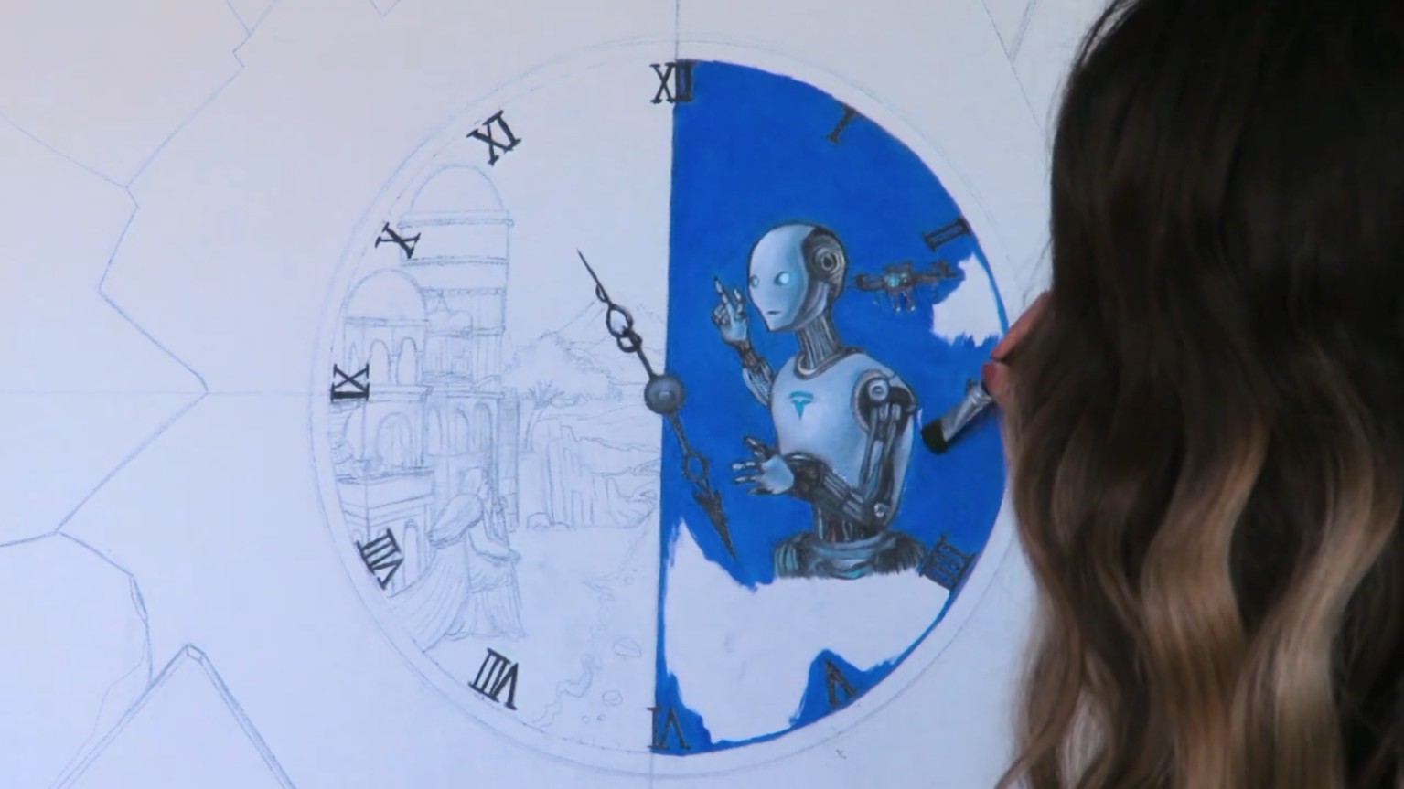 Segunda fase de óleo: Pintando el androide y los fondos azules por Violeta Michelle