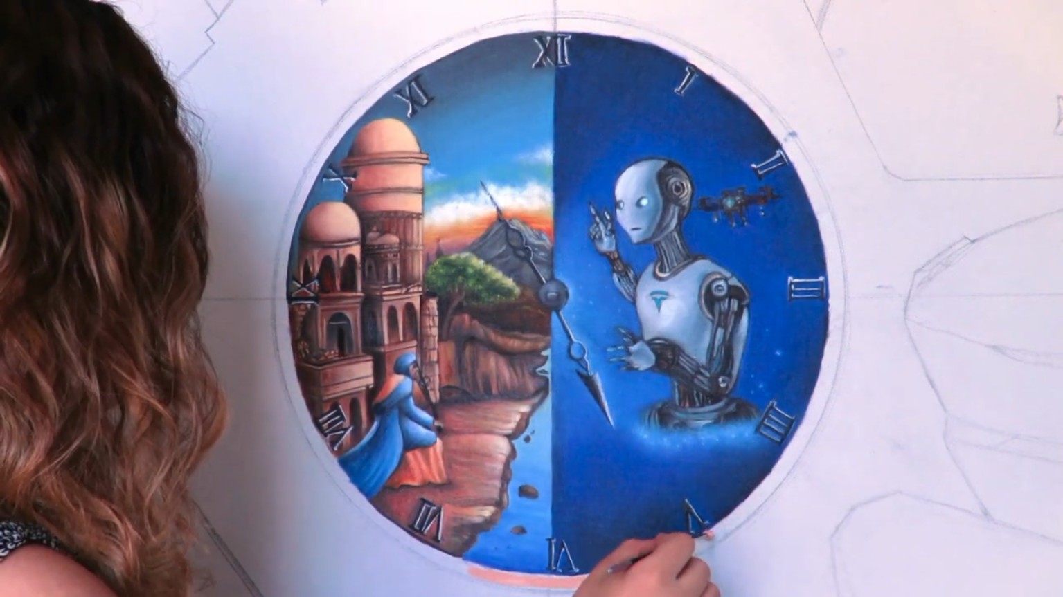 Tercera fase de pintura: Detalle de la esfera completa del reloj por Violeta Michelle